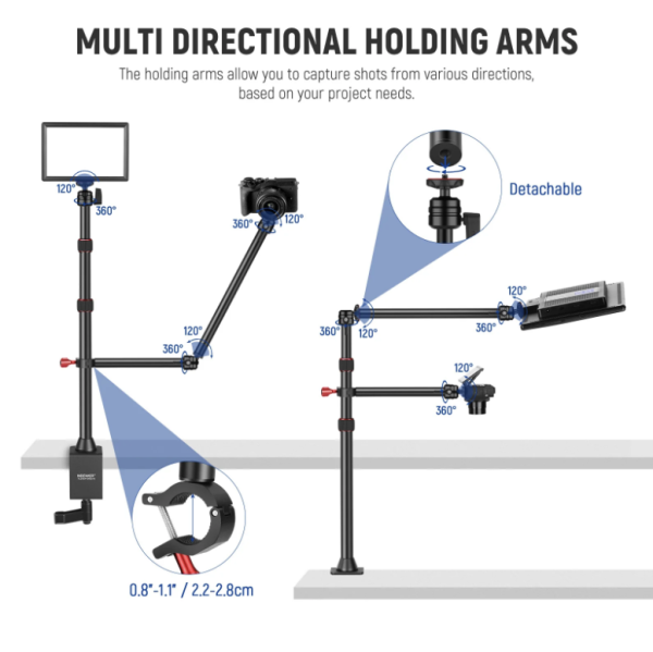 NEEWER TL253A Table Top Stand Camera Desk Mount Stand with 2 Two Section Auxiliary Holding Arms - Image 3