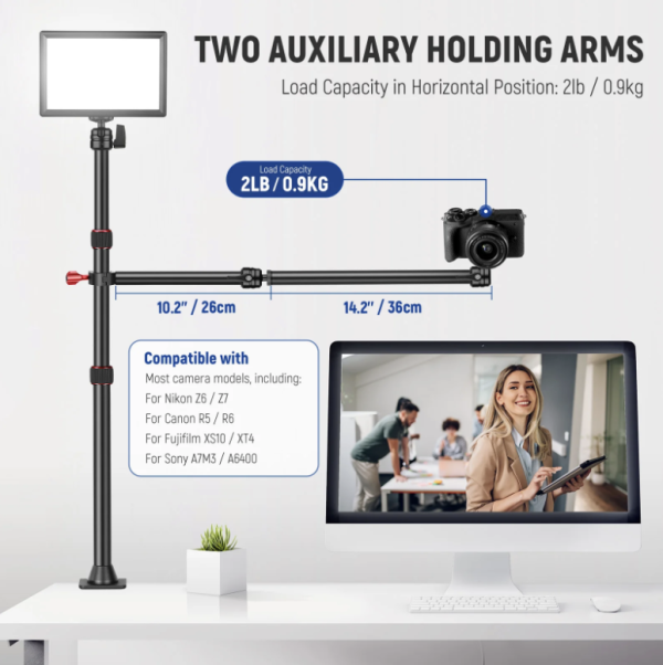 NEEWER TL253A Table Top Stand Camera Desk Mount Stand with 2 Two Section Auxiliary Holding Arms - Image 6