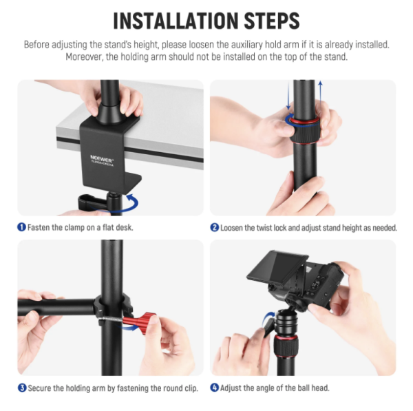 NEEWER TL253A Table Top Stand Camera Desk Mount Stand with 2 Two Section Auxiliary Holding Arms - Image 9
