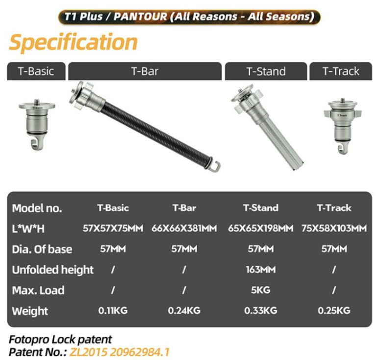 Fotopro T1 Plus T-Track+TH-1M Gray Tripod PANTOUR SERIES - Image 21