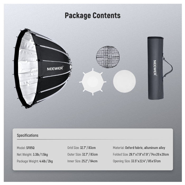 NEEWER Parabolic Softbox 85CM Deep Parabolic Quick Release Softbox With Honeycomb Grid SF85Q